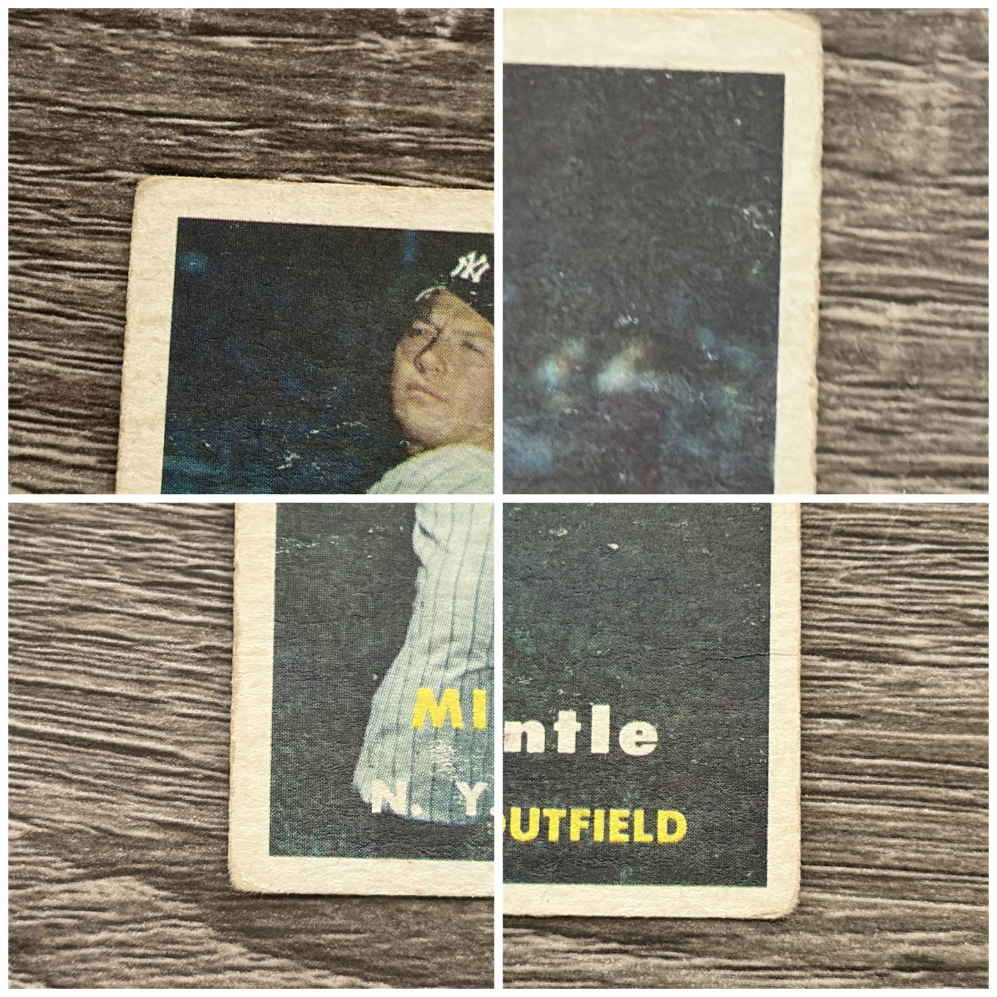 Macro grid of all four corners of the 1957 Topps Mickey Mantle #95, each soft and rounded, with the bottom-left corner frayed down to the paper fibers