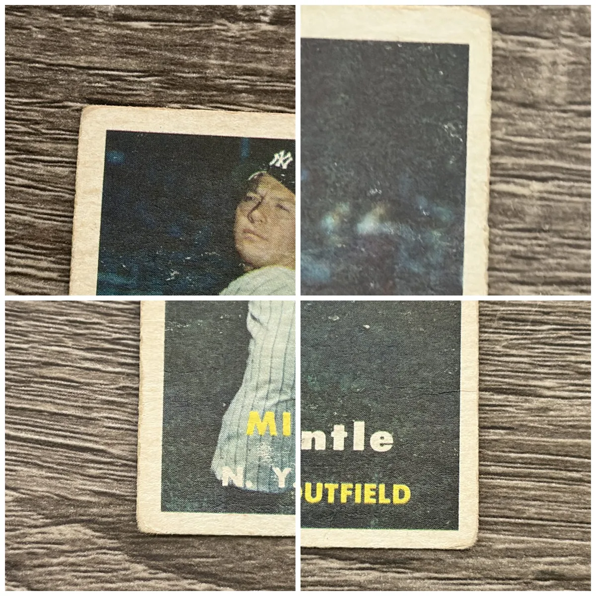 Macro grid of all four corners of the 1957 Topps Mickey Mantle #95, each soft and rounded, with the bottom-left corner frayed down to the paper fibers