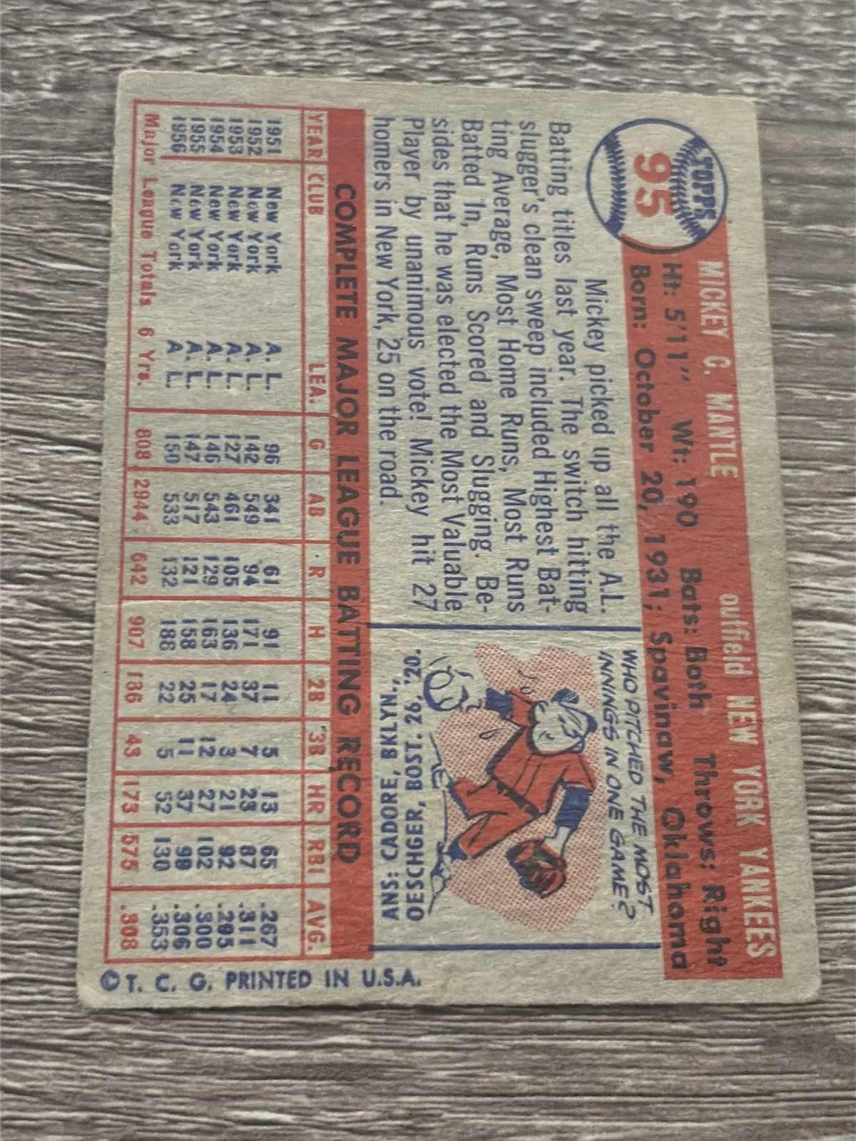 Close-up of the back of a 1957 Topps Mickey Mantle number 95, showing the stat grid, cartoon, and a crease running through the right side