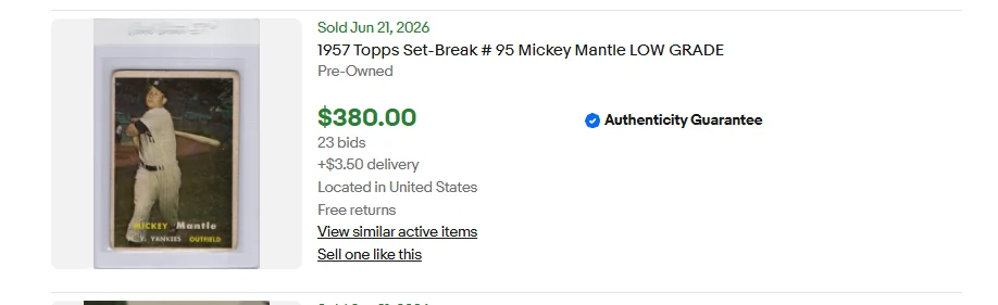 eBay sold listing for a raw low-grade 1957 Topps Mantle number 95 that sold for $380.00 with 23 bids
