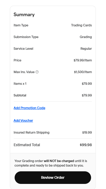 PSA submission checkout summary showing Regular service at $79.99, insured return shipping at $19.99, and a $99.98 estimated total
