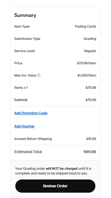 PSA submission summary screen showing grading service tiers and fees