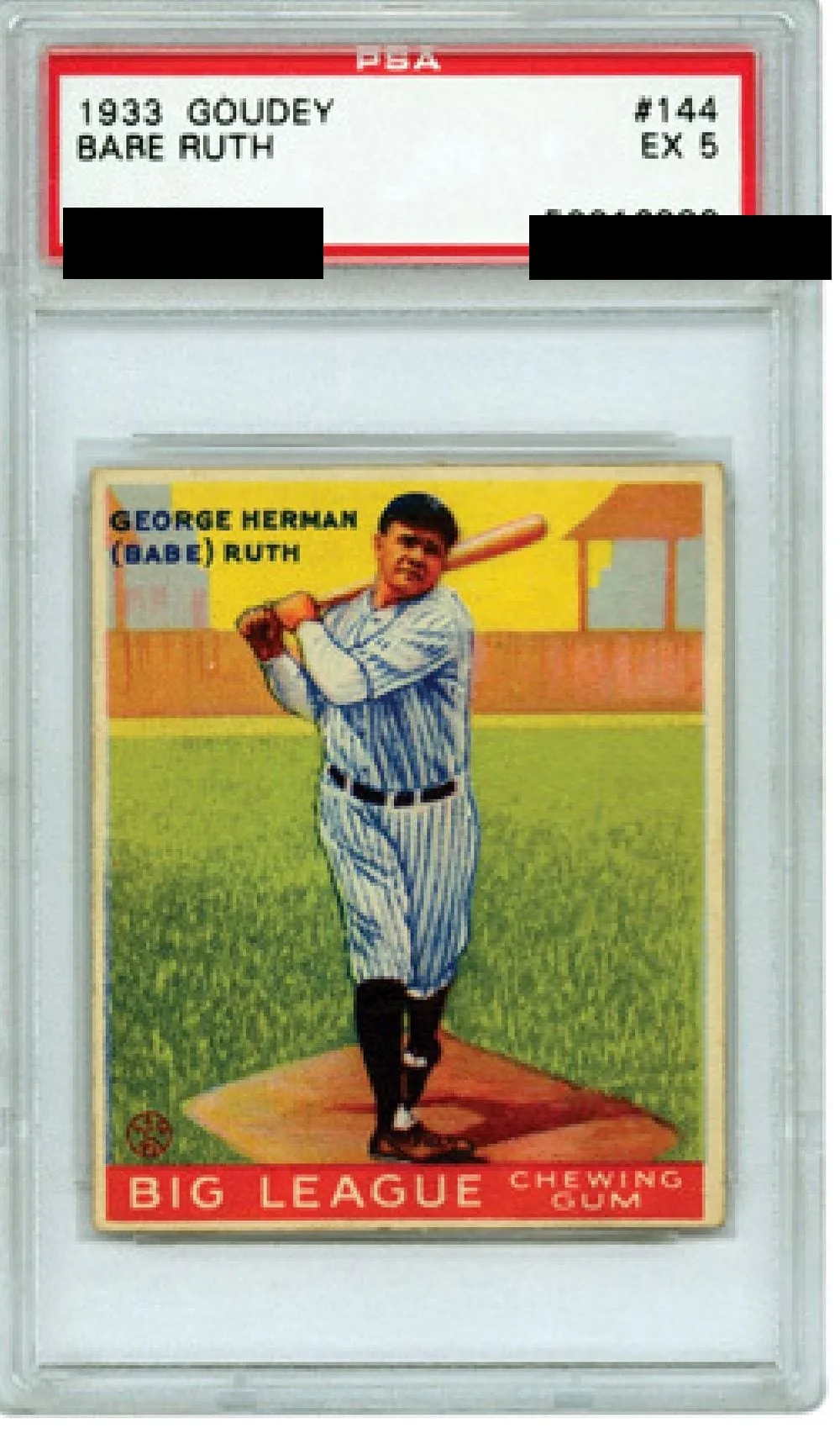 A 1933 Goudey Babe Ruth #144 card in a PSA EX 5 slab