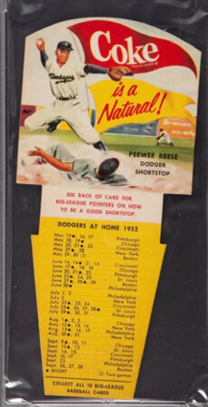 A 1952 Coca-Cola Playing Tips Pee Wee Reese die-cut card with the Dodgers home schedule tab