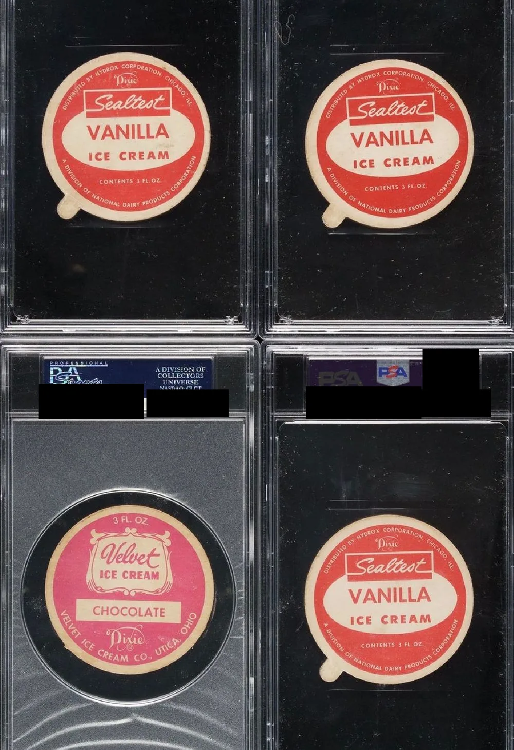 The advertising side of four 1952 Dixie Lids in PSA holders, showing Sealtest Vanilla and Velvet Chocolate ice cream dairy ads