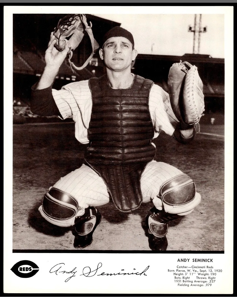 A 1952 Dixie premium 8x10 photo of Andy Seminick, catcher for the Cincinnati Reds, with facsimile autograph and 1951 statistics printed on the front