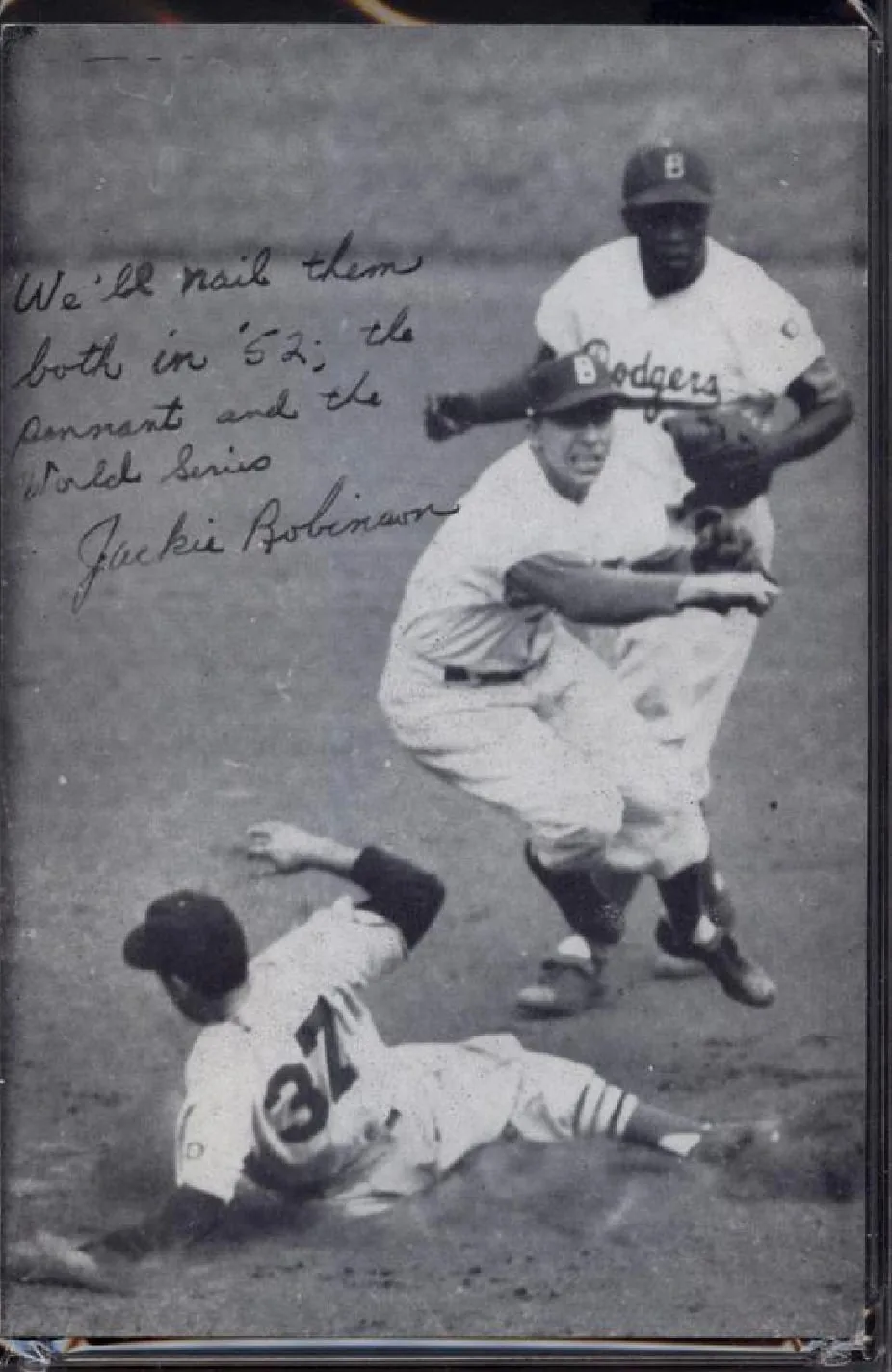 A 1952 Brooklyn Dodgers Schedule Card of Jackie Robinson with the printed message We'll nail them both in '52