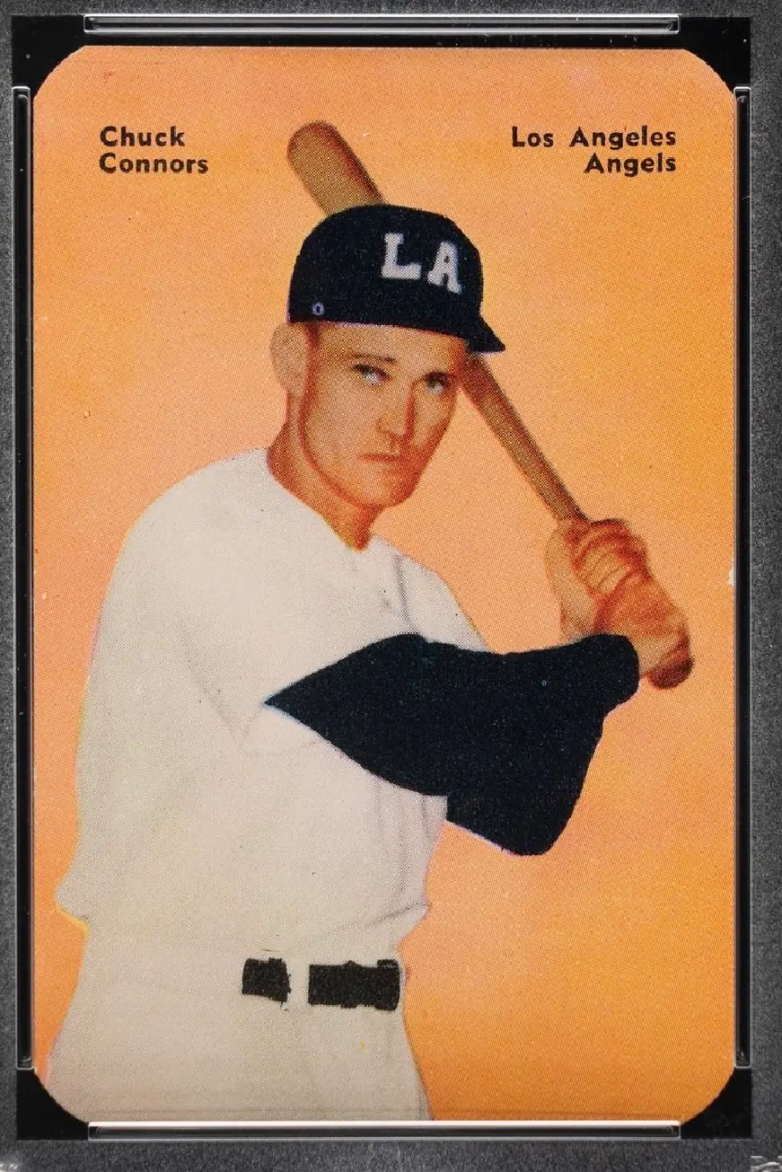 A 1952 Mother's Cookies card of Chuck Connors of the Los Angeles Angels, later TV's Rifleman