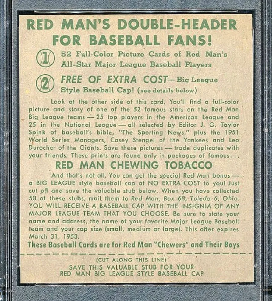 The back of a 1952 Red Man Tobacco card showing the promotional text and the perforated 'cut along this line' stub at the bottom