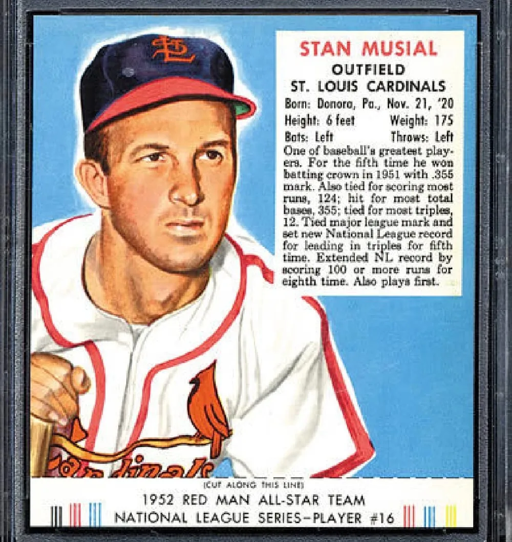A 1952 Red Man Tobacco Stan Musial card with the bottom tab still attached