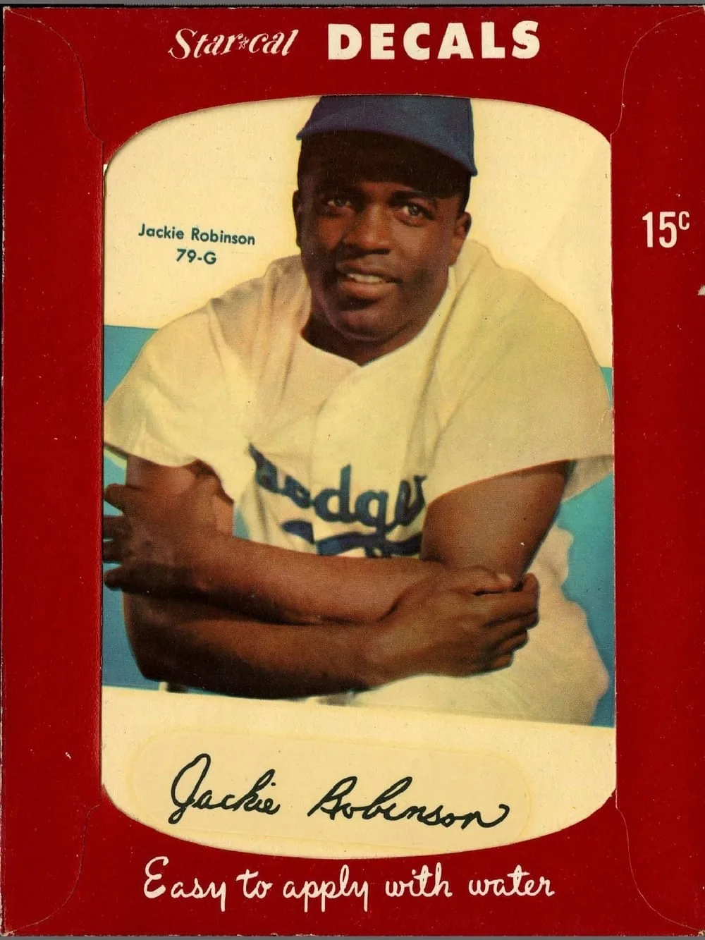A 1952 Star-Cal Decal of Jackie Robinson, number 79-G, marked "Easy to apply with water"