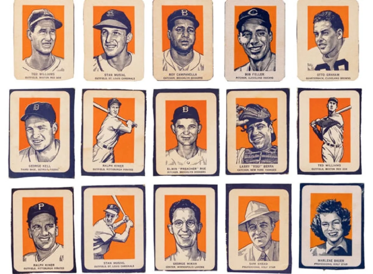 A collection of 1952 Wheaties portrait cards including Ted Williams, Stan Musial, Roy Campanella, Bob Feller and Yogi Berra