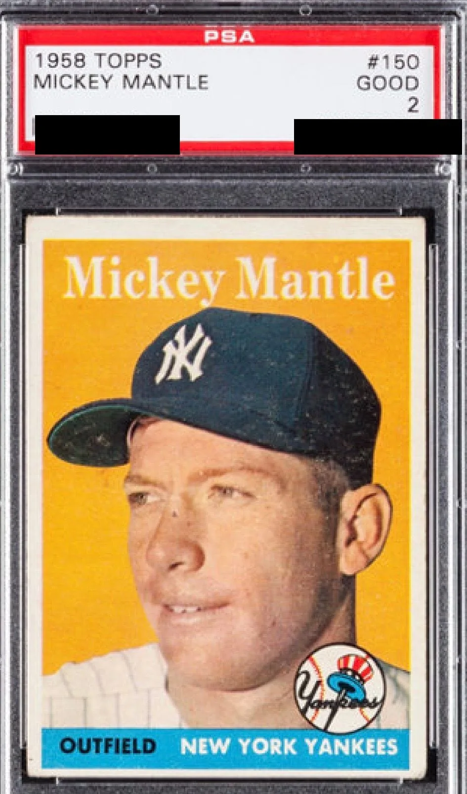 A 1958 Topps Mickey Mantle card in a PSA GOOD 2 slab