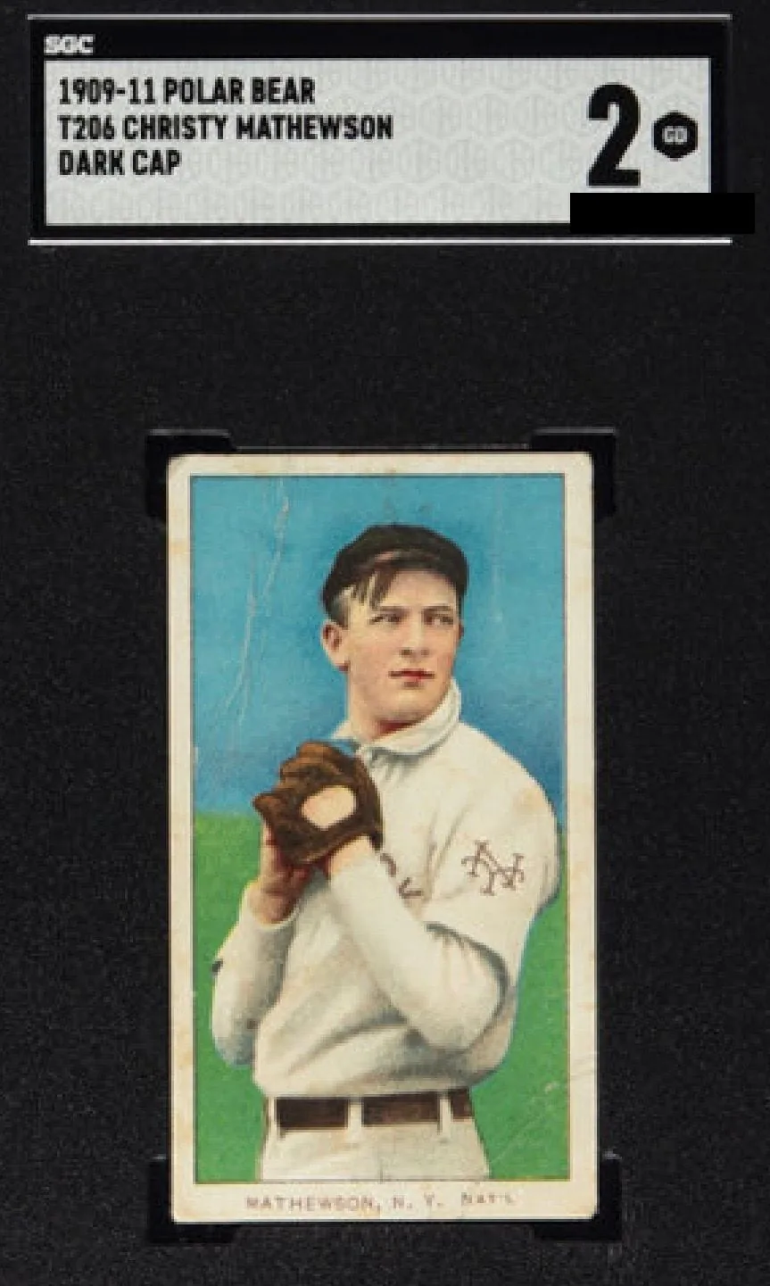 A 1909-11 T206 Christy Mathewson (Polar Bear back, dark cap) card in an SGC 2 GD slab